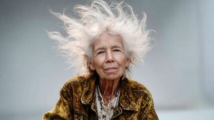 A portrait of an elderly woman with wild, white hair, showcasing her unique beauty and character. The setting is neutral, emphasizing her expression and style.