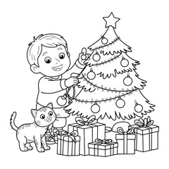 Scalable vector line art illustration of a happy child decorating a christmas tree with a kitten and gifts silhouette vector illustration white background