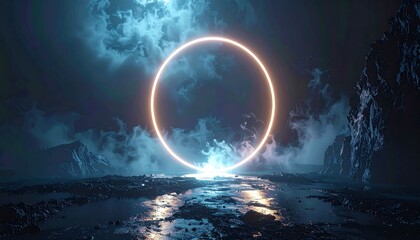 A surreal landscape at dusk. A bright, glowing ring hovers above an otherworldly terrain of rock and water. Atmospheric