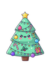 Cute kawaii Christmas tree with star ornament and colorful decoration