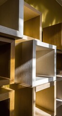 Stacked wooden cube shelves cast geometric shadows with warm interior lighting.