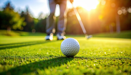 White golf ball on green grass near hole, golfer in background preparing to putt, sunlight shining, outdoor sports scene, focus on ball, summer day, calm and focused mood