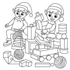 Scalable vector eps illustration of two happy elves building toys with blocks festive christmas theme silhouette vector illustration white background
