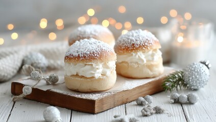 Sweet buns filled with cream and dusted with sugar are on a tray.
