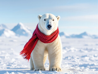 Polar bear snow tundra red scarf winter arctic wildlife standing outdoors