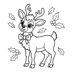 Cute reindeer with bow and holly leaves black and white vector illustration scalable eps icon silhouette vector illustration white background