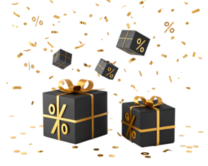 Two black gift boxes with golden ribbons and percentage symbols, surrounded by falling confetti on a transparent background.