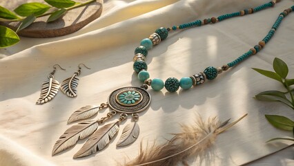 Fototapeta premium Close up of a turquoise beaded necklace and feather earrings on a white cloth
