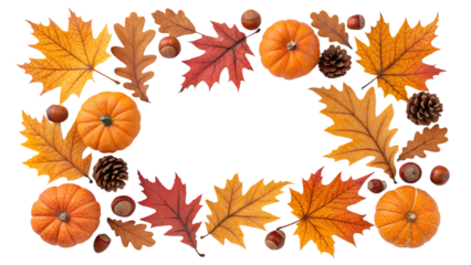 A collection of autumn leaves, acorns, and small pumpkins arranged in a decorative frame on a transparent background. Ideal for seasonal designs.