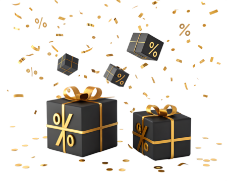 Two black gift boxes with golden ribbons and percentage symbols, surrounded by falling confetti on a transparent background.