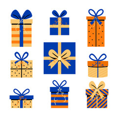 Christmas gifts in blue and orange tones. A Set of Christmas boxes in flat vector style in blue and orange tones. 