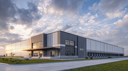 Fototapeta premium Large modern warehouse building exterior with metal facade and sunset sky