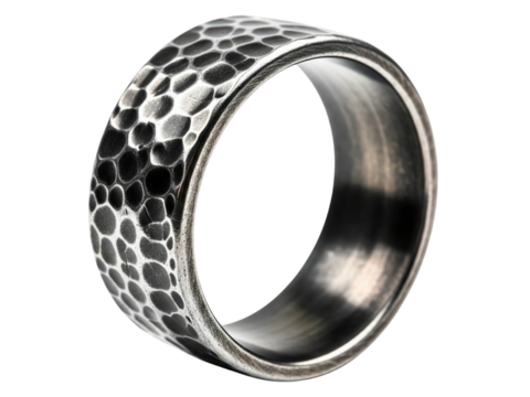 Hammered metal wedding band with a unique textured finish on a transparent background