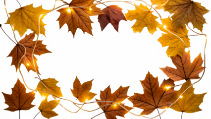 Autumn leaves arranged in a circular frame with warm fairy lights. The background is transparent, creating an isolated effect.