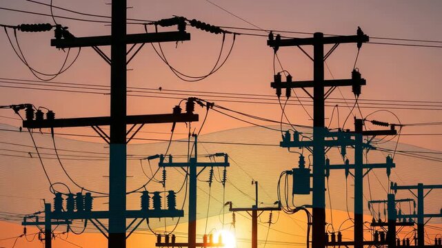 Silhouette of power lines and utility poles against a vibrant orange and yellow sunset sky background