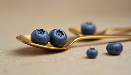 Fresh blueberries rest on shiny golden spoons, presenting healthy snack option. Ripe berries scattered on light brown surface. Still life image highlights elegant food presentation for breakfast,