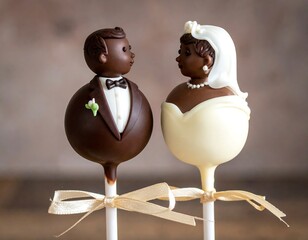 Two chocolate wedding cake pops