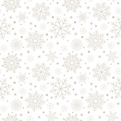 Golden snowflakes on a white background, modern winter Christmas seamless pattern, vector illustration. New Year's graphic pattern template for fabric, packaging, wrapping paper, wallpaper