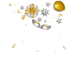 Luxury Celebration Elements: Gold and Silver Gift Box, Mask, and Confetti