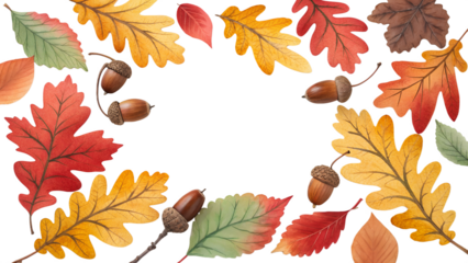 Colorful autumn leaves and acorns arranged in a decorative border on a transparent background. The leaves display various shades of red, orange, yellow, and green.