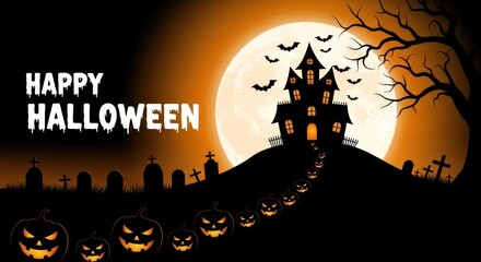 Vector art of happy halloween background with haunted house, pumpkin and full moon at night