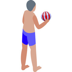 Fototapeta premium Isometric view of a person in blue swim shorts holding a red white striped beach ball in their right hand isolated on a white background ready for summer fun