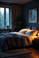 Serene Dimly Lit Bedroom Cozy Bed, Soft Blankets, Peaceful Sleep Imagery
