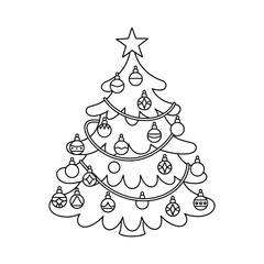 Black and white scalable vector line art illustration of a decorated christmas tree eps icon silhouette vector illustration white background