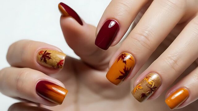 Autumn nails design and color, perfect for fall and thanksgiving, with maple leaves art and