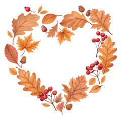 Obraz premium A heart-shaped arrangement of autumn leaves and berries. The leaves are in shades of orange, yellow, and brown, with red berries scattered throughout. Isolated on a transparent background.