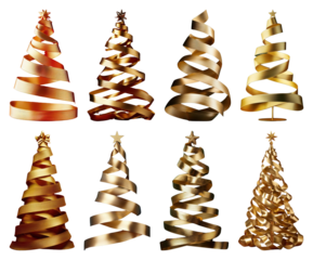 PNG Golden ribbon Christmas tree designs, element set on transparent background