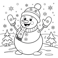Vector line art illustration of a happy snowman wearing a hat and scarf in winter scene eps silhouette vector illustration white background