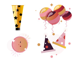 Colorful Party Celebration Elements Set with Balloons, Hats, and Noisemaker