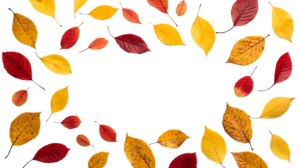 Colorful autumn leaves in various shapes and sizes arranged in a frame on a transparent background. The leaves are red, yellow, and orange.