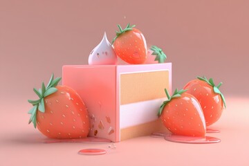 Sweet strawberries adorn a delightful cake slice with creamy topping.