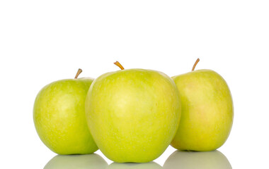 Sweet green apples isolated on white background, macro.