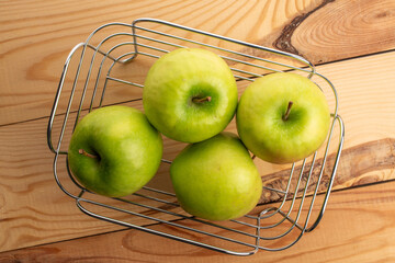Sweet green apples, top view, macro.