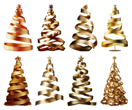 PNG Golden ribbon Christmas tree designs, element set on transparent background