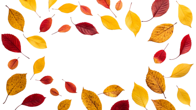 Colorful autumn leaves in various shapes and sizes arranged in a frame on a transparent background. The leaves are red, yellow, and orange.