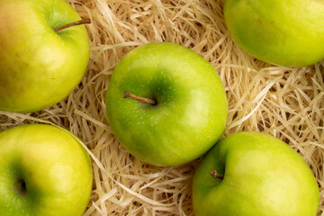 Sweet green apples, top view, macro.