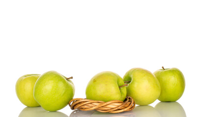 Sweet green apples isolated on white background, macro.