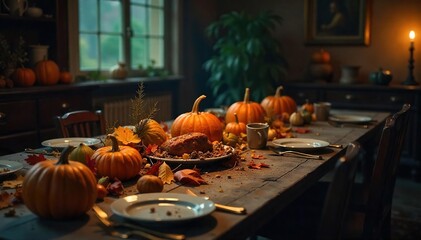 Melancholic Thanksgiving A Desolate Table of Forgotten Feast, Decaying Pumpkins, and Autumn Leaves, Evoking the Passage of Time