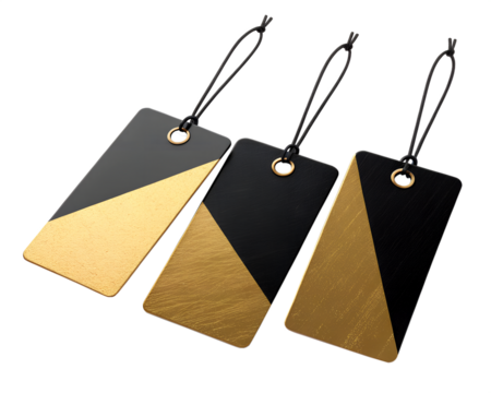 Three stylish black and gold price tags with a modern design. Each tag features a unique geometric pattern and a black string for attachment. - Powered by Adobe