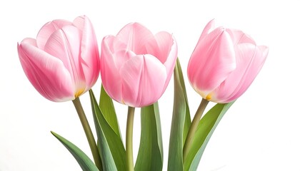 Three delicate pink tulips on a white background