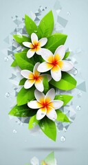 Delicate white and yellow blossoms with green leaves adorn a light background.