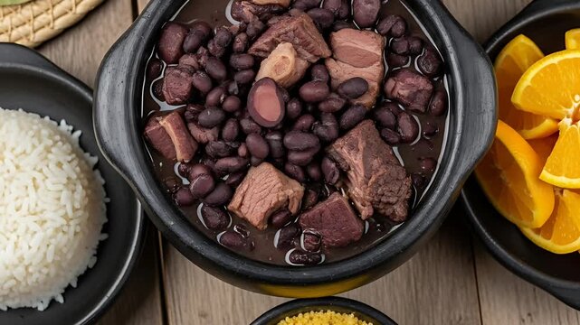 Overhead view of brazilian feijoada with rice oranges and farofa on wooden surface