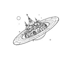 Minimilist detailed line art of a cathedral on a ringed planet with stars and a moon in a white background vector © MuhammadNajafAli
