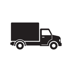 Modern red and white delivery truck icon with wheels and window details for logistics and shipping services