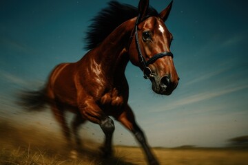 Brown horse running fast, realistic photo style, outdoor dry field, energy motion