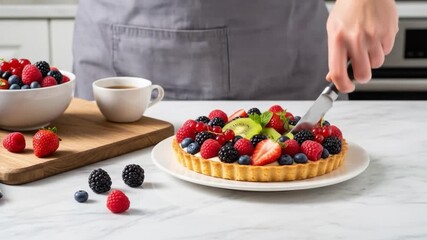A fruit tart adorned with berries and kiwi is being sliced with a knife set on a white marble surface with a bowl of berries - Powered by Adobe